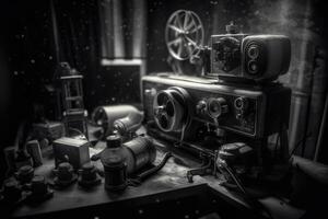 A cinematic, monochrome shot of an unattended vintage projector casting images onto the screen. photo
