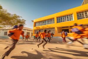 un animado bajo ángulo Disparo de un grupo de niños corriendo hacia el colegio entrada. generativo ai foto