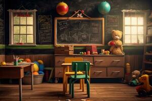 An adorable and atmospheric setting of a kindergarten classroom. Generative AI photo