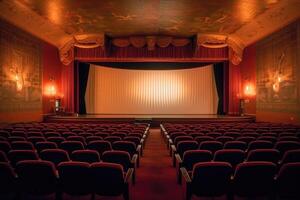 An atmospheric setting of an old - fashioned movie theater. The dimly lit auditorium, adorned with velvet drapes. photo