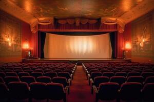 un atmosférico ajuste de un antiguo - pasado de moda película teatro. el tenuemente iluminado sala, adornado con terciopelo cortinas generativo ai foto