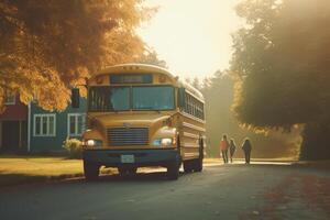 An atmospheric establishing shot of a school bus in the soft morning light. Generative AI photo