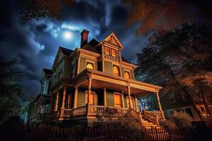 In this Halloween - themed photo, the foreboding atmosphere of a haunted house. photo
