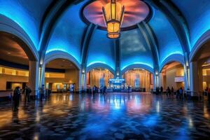 An establishing shot of a bustling movie theater lobby. Generative AI photo