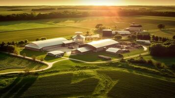Aerial shot of a modern agricultural farm. Generative AI photo