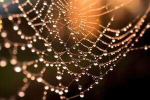 The detail of a dew - laden spider web in the early morning. photo