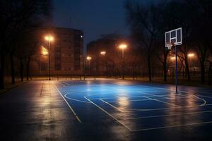 Empty urban outdoor basketball court at night with a wide - angle view. Generative AI photo