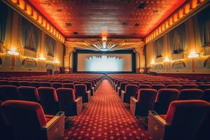 An atmospheric setting of an old - fashioned movie theater. The dimly lit auditorium, adorned with velvet drapes. photo