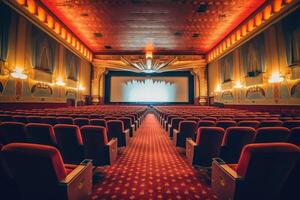 An atmospheric setting of an old - fashioned movie theater. The dimly lit auditorium, adorned with velvet drapes. Generative AI photo