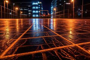 vacío urbano al aire libre baloncesto Corte a noche con un amplio - ángulo vista. generativo ai foto