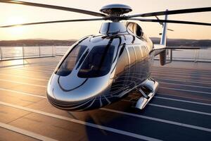 A close - up photo of the luxurious superyachts helicopter pad, showcasing the helicopter in a sleek and stylish design. Generative AI