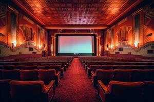 An atmospheric setting of an old - fashioned movie theater. The dimly lit auditorium, adorned with velvet drapes. Generative AI photo