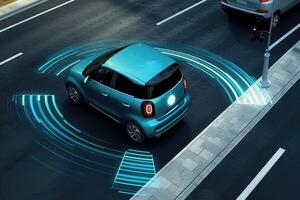 Close - up view of a smart car's radar system, which plays a vital role in autonomous driving. photo