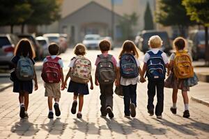 The back view of a group of diverse school children, their backpacks. Generative AI photo