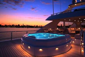 A close - up photo of the yacht's jacuzzi, showcasing its elegant design and inviting atmosphere. Generative AI