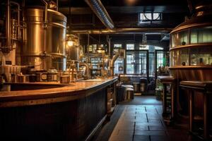 The lively atmosphere of the empty brewery pub. Generative AI photo