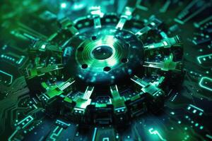 A close - up photo that illustrates the concept of abstract futuristic digital technology and engineering.