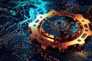 A close - up photo that illustrates the concept of abstract futuristic digital technology and engineering.