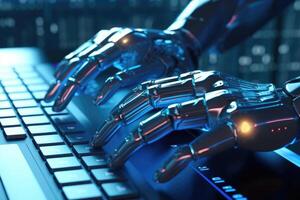 Close - up photo. A futuristic robot in typing with a laptop. photo
