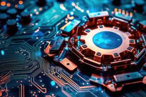 A close - up photo that illustrates the concept of abstract futuristic digital technology and engineering.
