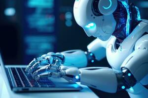 Close - up photo. A futuristic robot in typing with a laptop. photo