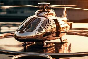 A close - up photo of the luxurious superyachts helicopter pad, showcasing the helicopter in a sleek and stylish design. Generative AI