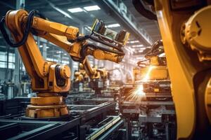 Robotic arms on a large production line in a modern bright factory with a wide angle shot. photo
