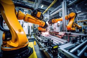 Robotic arms on a large production line in a modern bright factory with a wide angle shot. photo