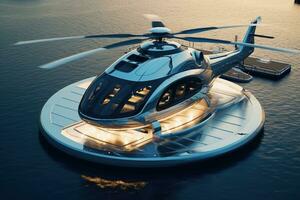 A close - up photo of the luxurious superyachts helicopter pad, showcasing the helicopter in a sleek and stylish design. Generative AI
