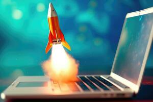 A rocket emerging from a laptop screen in front of a vibrant blue background. Generative AI photo