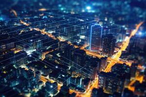 Close-up photo of night cityscape symbolizing fast network and connection technology.