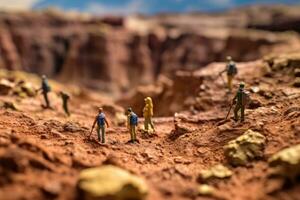 A shot of the hikers as tiny figures against the vastness of the mountain and the sky. Generative AI photo