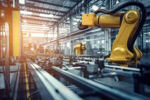 Robotic arms on a large production line in a modern bright factory with a wide angle shot. photo