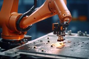 Robotic arms on a large production line in a modern bright factory with a wide angle shot. photo