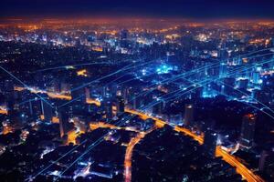 Close-up photo of night cityscape symbolizing fast network and connection technology. Generative AI