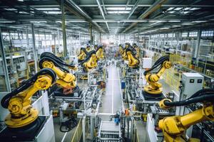 Robotic arms on a large production line in a modern bright factory with a wide angle shot. Generative AI photo