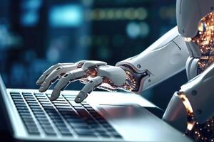 Close - up photo. A futuristic robot in typing with a laptop. photo