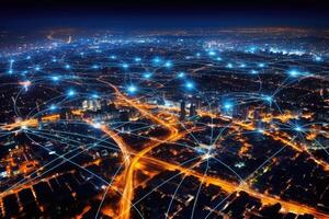 Close-up photo of night cityscape symbolizing fast network and connection technology. Generative AI