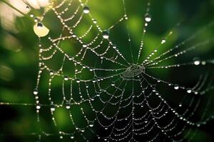 The detail of a dew - laden spider web in the early morning. photo
