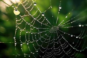 The detail of a dew - laden spider web in the early morning. Generative AI photo