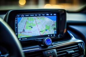 Close-up shot of navigation map on a car's multimedia screen. photo
