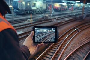 A close - up shot of an engineer using a tablet to check and analyze the data systems of a track on the railway network. photo