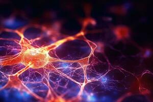un cerca - arriba foto de interconectado neuronas células en contra un oscuro antecedentes. generativo ai