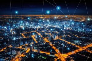 Close-up photo of night cityscape symbolizing fast network and connection technology.