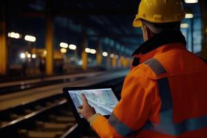 A close - up shot of an engineer using a tablet to check and analyze the data systems of a track on the railway network. photo