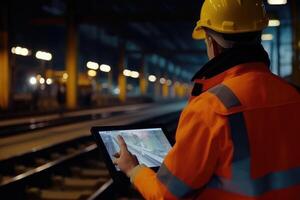 A close - up shot of an engineer using a tablet to check and analyze the data systems of a track on the railway network. Generative AI photo