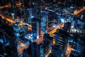 Close-up photo of night cityscape symbolizing fast network and connection technology.