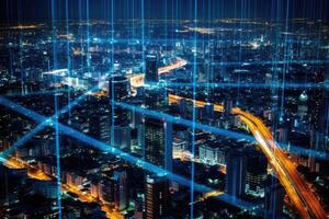 Close-up photo of night cityscape symbolizing fast network and connection technology.