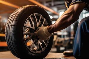 Close - up view of a mechanic at work, changing tires and wheels in a service center. Generative AI photo