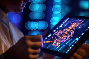 A detailed close - up photograph of a medicine doctor's hand interacting with an electronic medical record displayed on a tablet. photo